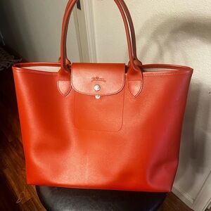 Longchamp Red Leather Tote Bag with Structured Design